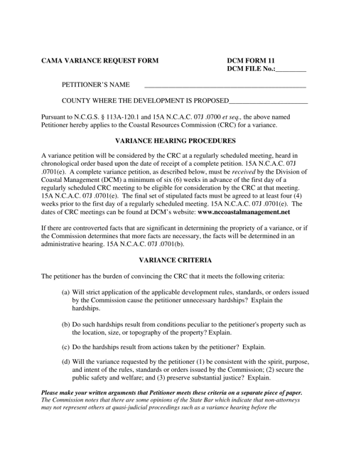DCM Form 11 CAMA Variance Request Form - North Carolina