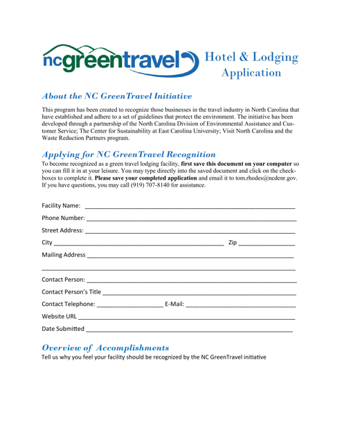 Hotel & Lodging Application Form - North Carolina Green Travel Program - North Carolina Download Pdf