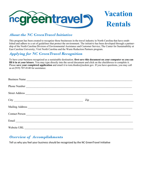 Vacation Rentals Application Form - North Carolina Green Travel Program - North Carolina Download Pdf
