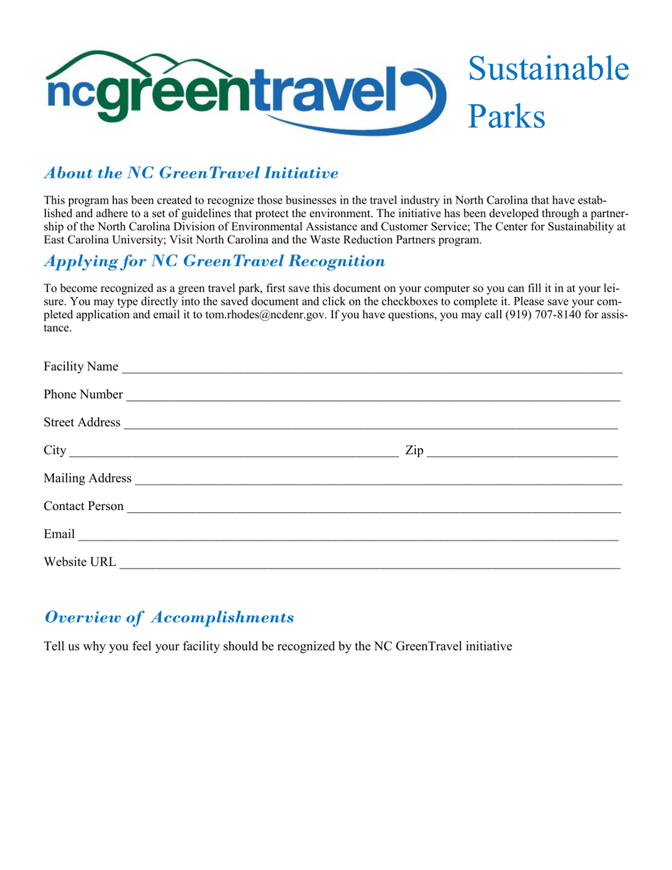 Sustainable Parks Application Form - North Carolina Green Travel Program - North Carolina, Page 1