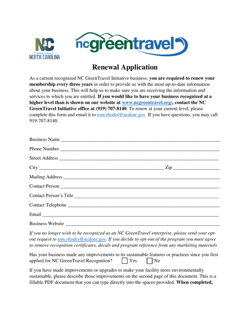 Renewal Application Form - North Carolina Green Travel Program - North Carolina Download Pdf