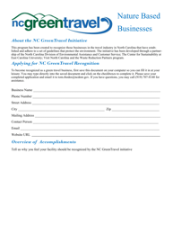 Document preview: Nature Based Businesses Application Form - North Carolina Green Travel Program - North Carolina