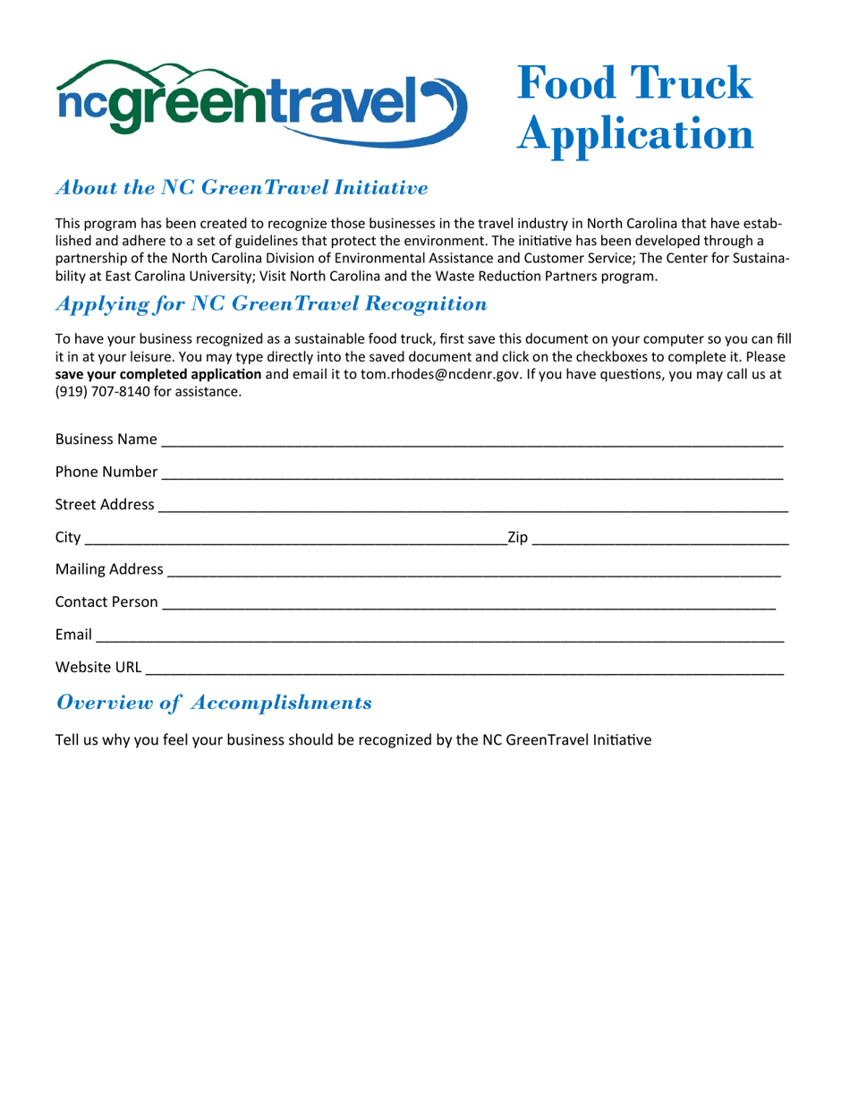 Food Truck Application Form - North Carolina Green Travel Program - North Carolina, Page 1