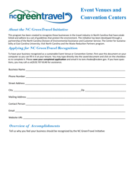 Document preview: Event Venues and Convention Centers Application Form - North Carolina Green Travel Program - North Carolina