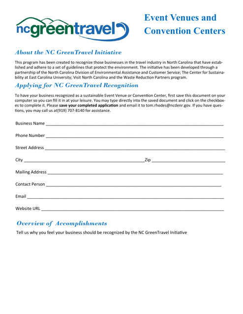 Event Venues and Convention Centers Application Form - North Carolina Green Travel Program - North Carolina Download Pdf