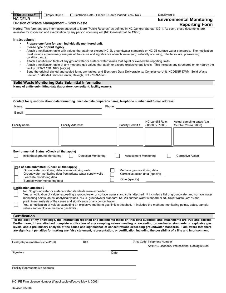 North Carolina Environmental Monitoring Data Form - Fill Out, Sign ...