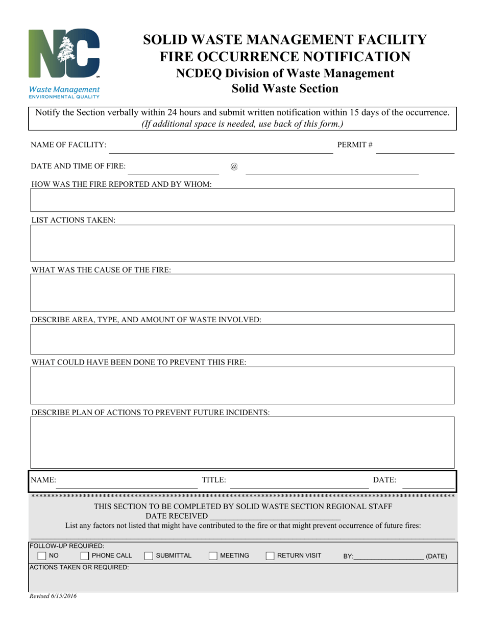 Solid Waste Management Facility Fire Occurrence Notification Form - North Carolina, Page 1