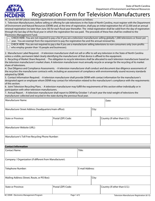 Registration Form for Television Manufacturers - North Carolina Download Pdf