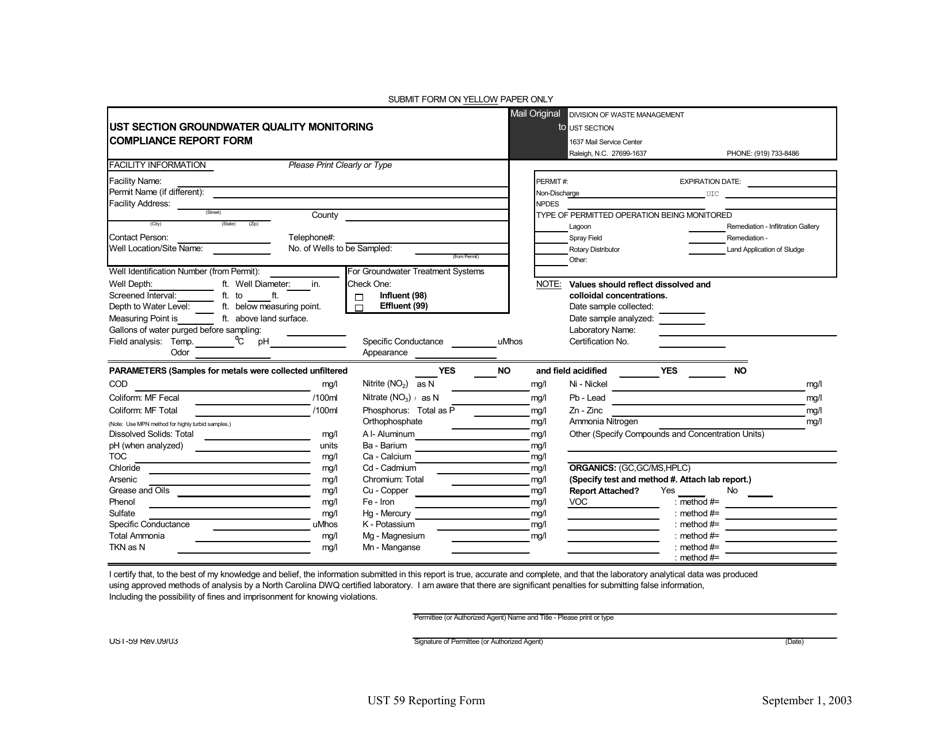 Form UST-59 Ust Section Groundwater Quality Monitoring Compliance Report Form - North Carolina, Page 1