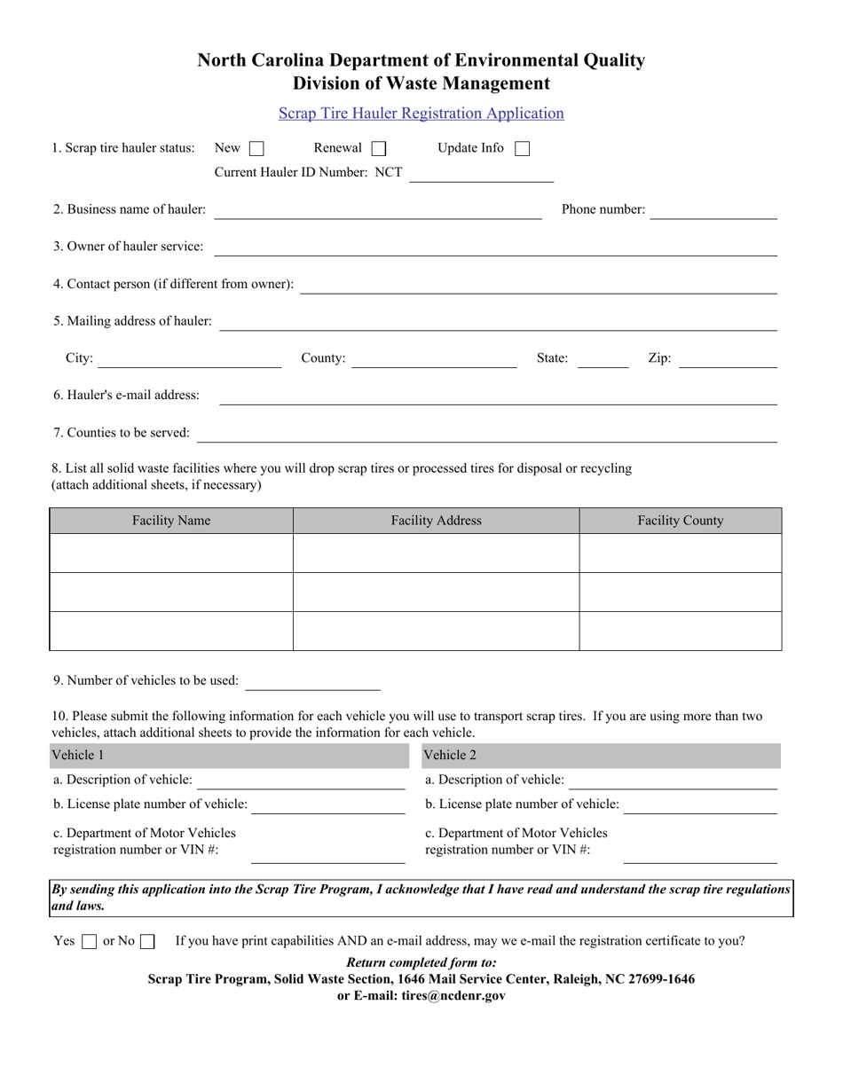 Scrap Tire Hauler Registration Application Form - North Carolina, Page 1