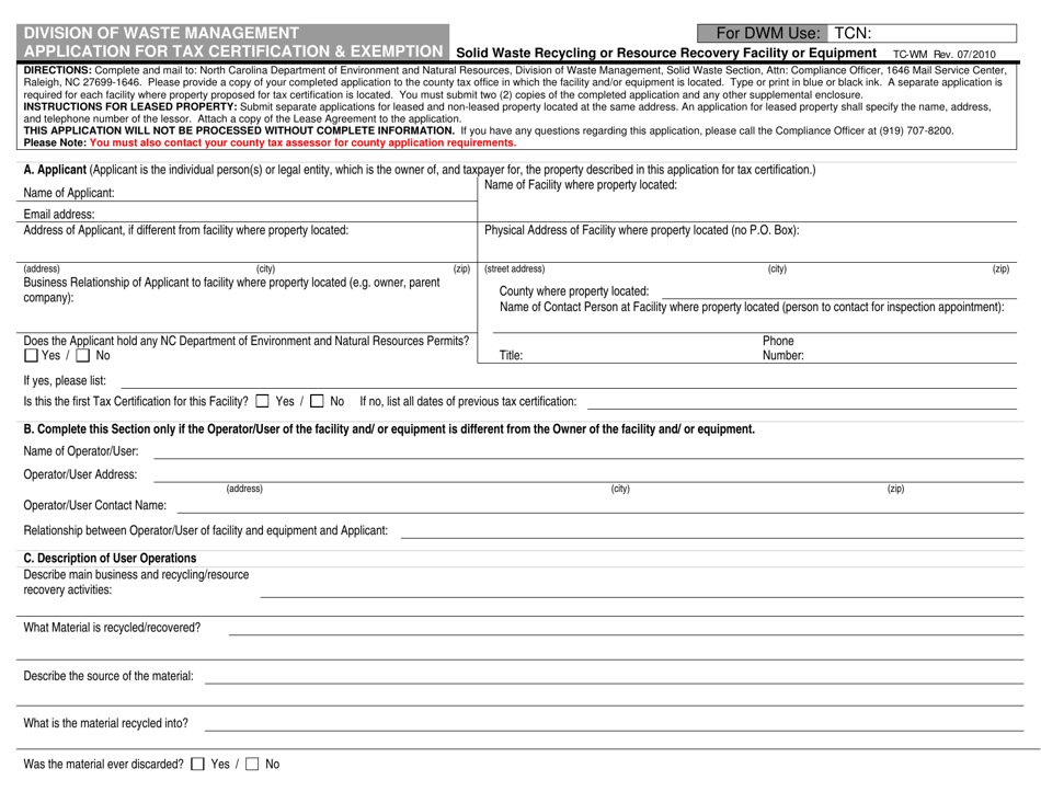 Form TC-WM Application for Tax Certification  Exemption - North Carolina, Page 1