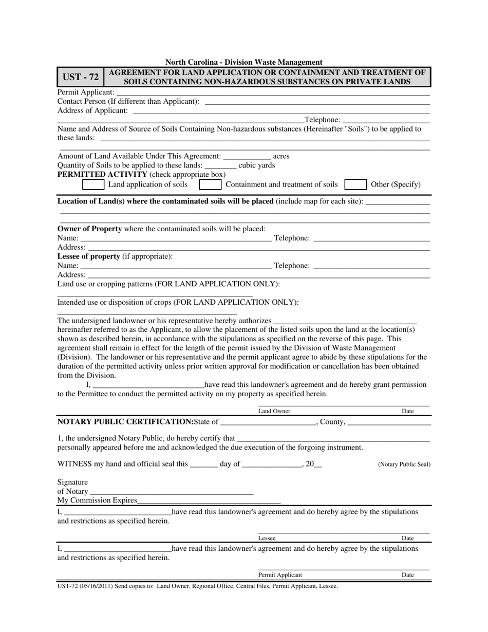 Form UST-72 Agreement for Land Application or Containment and Treatment of Soils Containing Petroleum Products on Private Lands - North Carolina, Page 1