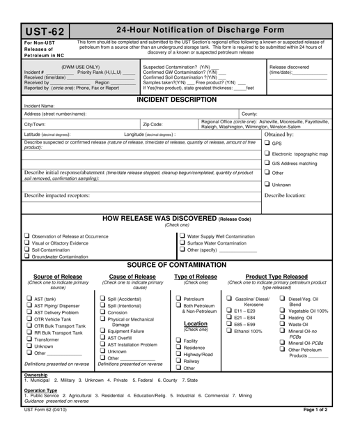 Form UST-62 24-hour Notification of Discharge Form - North Carolina