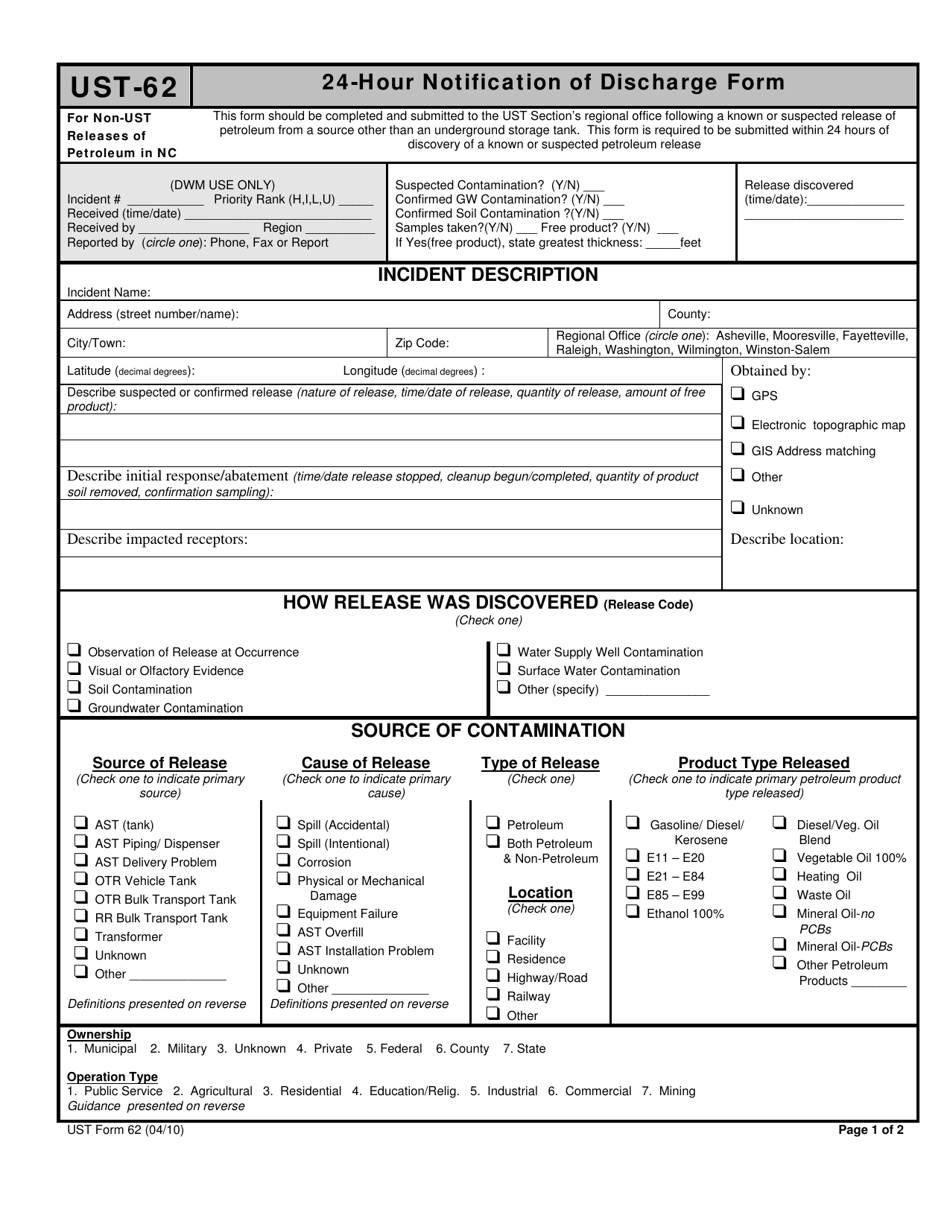 Form UST-62 24-hour Notification of Discharge Form - North Carolina, Page 1