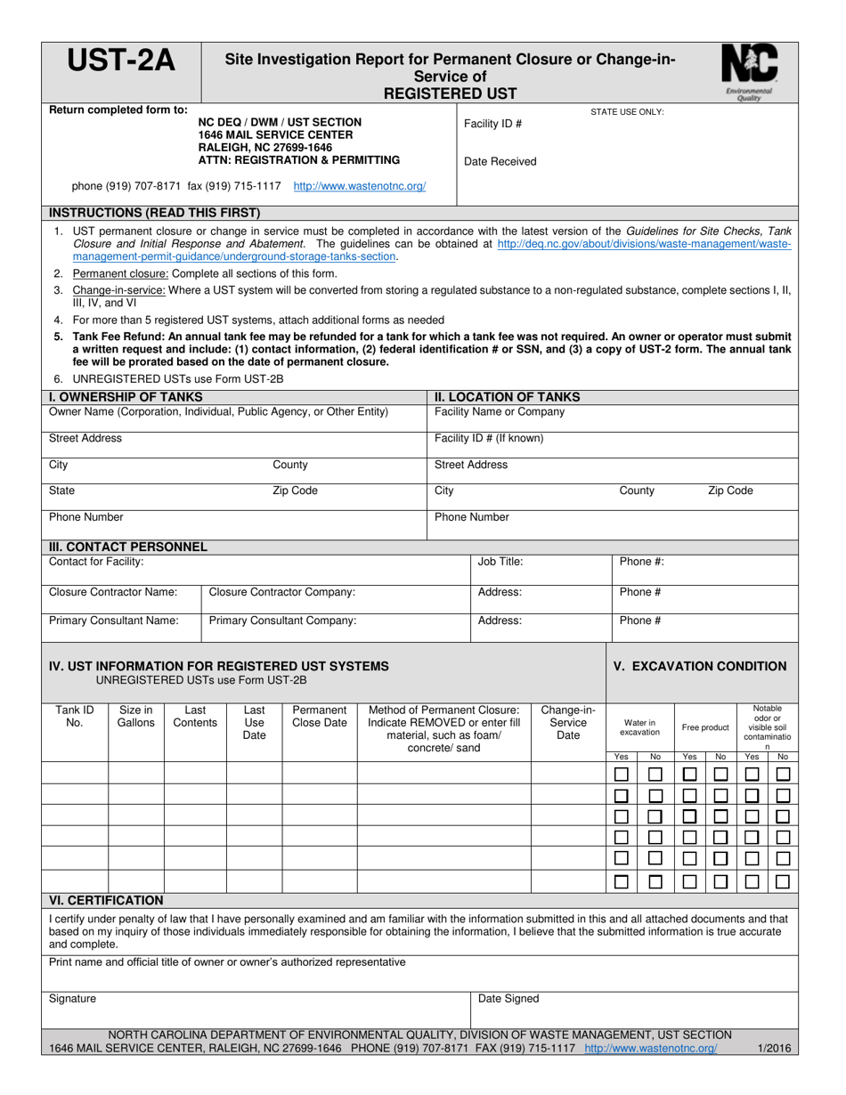 Form UST-2A Site Investigation Report for Permanent Closure or Change-In-Service of Registered Ust - North Carolina, Page 1