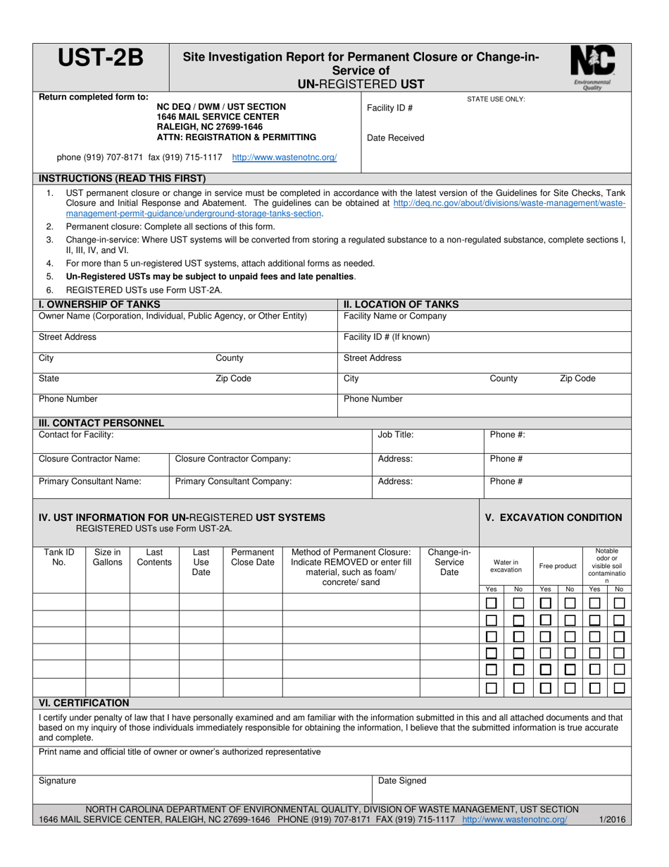 Form UST-2B Site Investigation Report for Permanent Closure or Change-In-Service of Un-registered Ust - North Carolina, Page 1