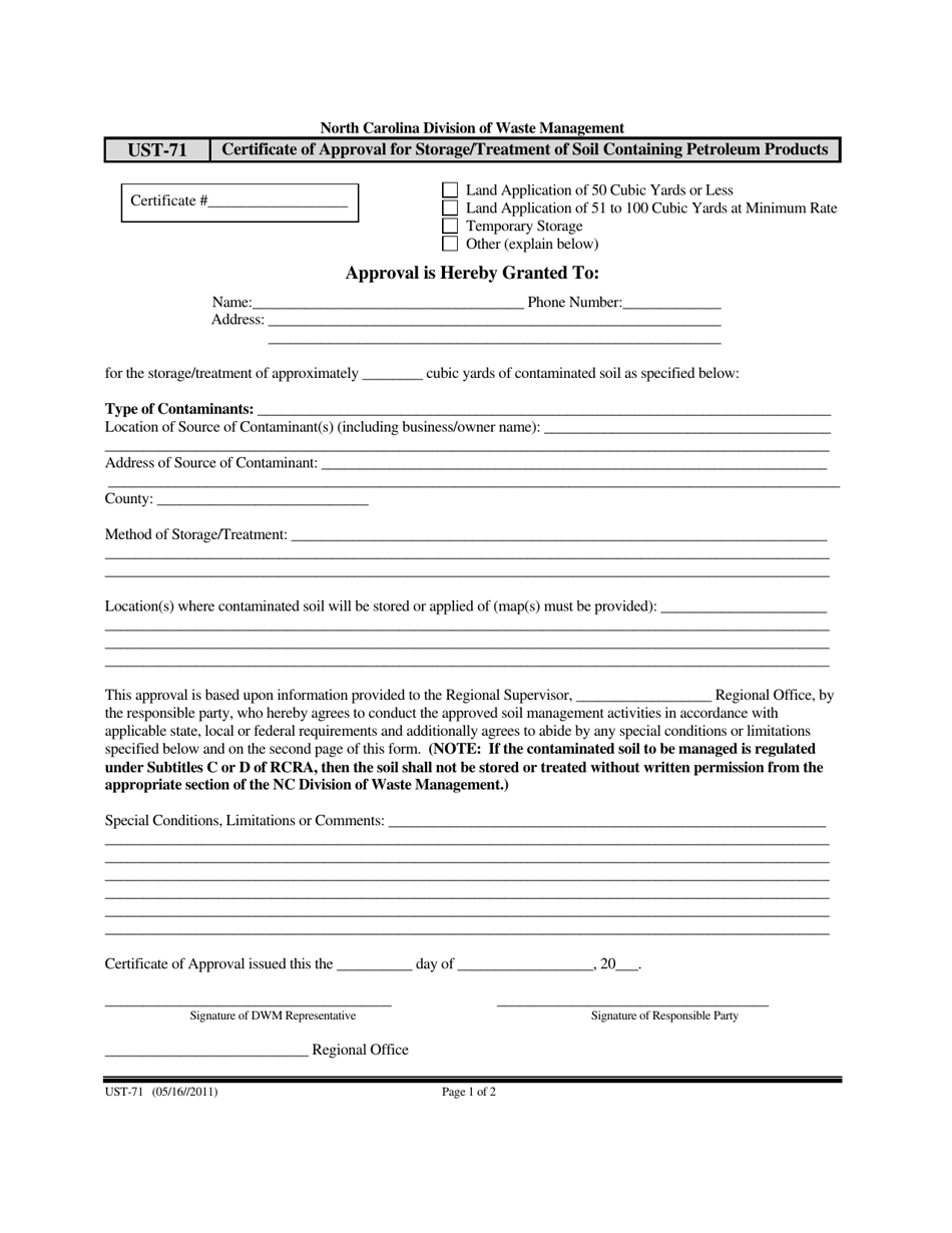 Form UST-71 Certificate of Approval for Storage / Treatment of Soil Containing Petroleum Products - North Carolina, Page 1