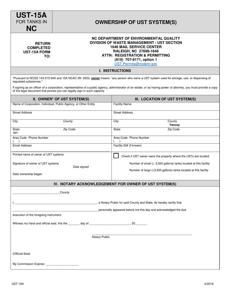 Form UST-15A Ownership of Ust System(S) - North Carolina, Page 1