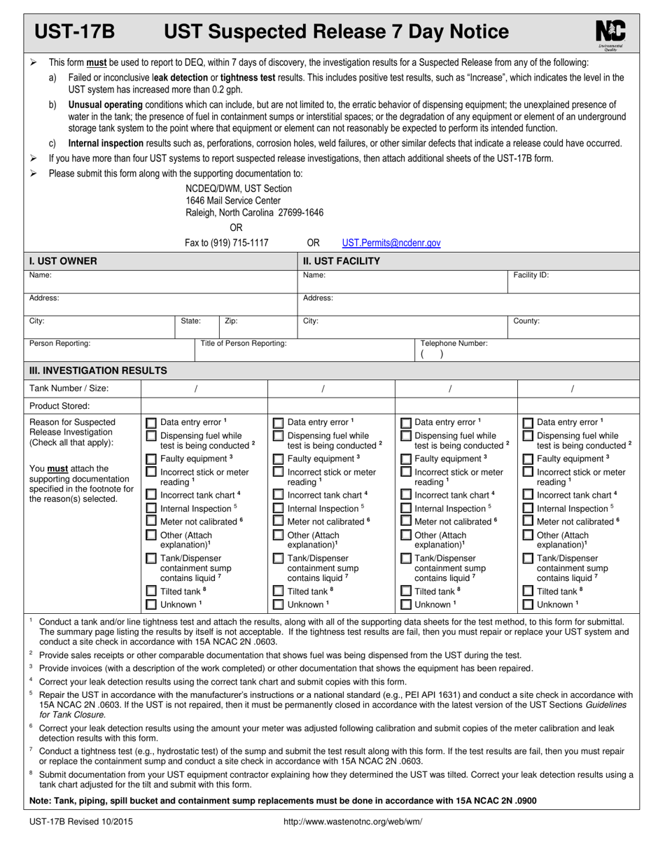 Form UST-17B Ust Suspected Release 7 Day Notice - North Carolina, Page 1