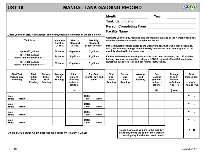 Form UST-16 Manual Tank Gauging Record - North Carolina