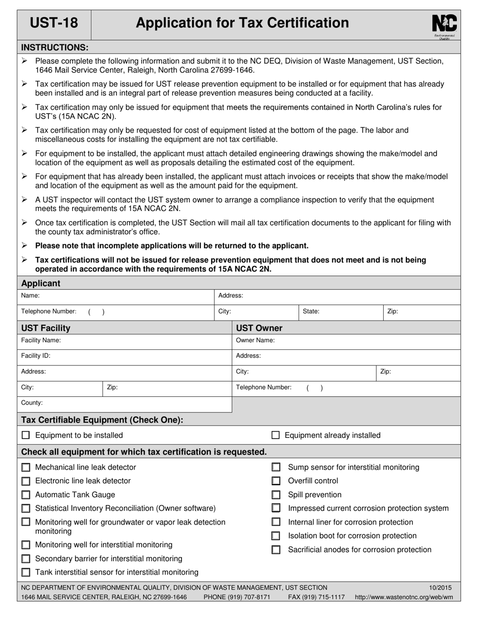 Form UST-18 Application for Tax Certification - North Carolina, Page 1