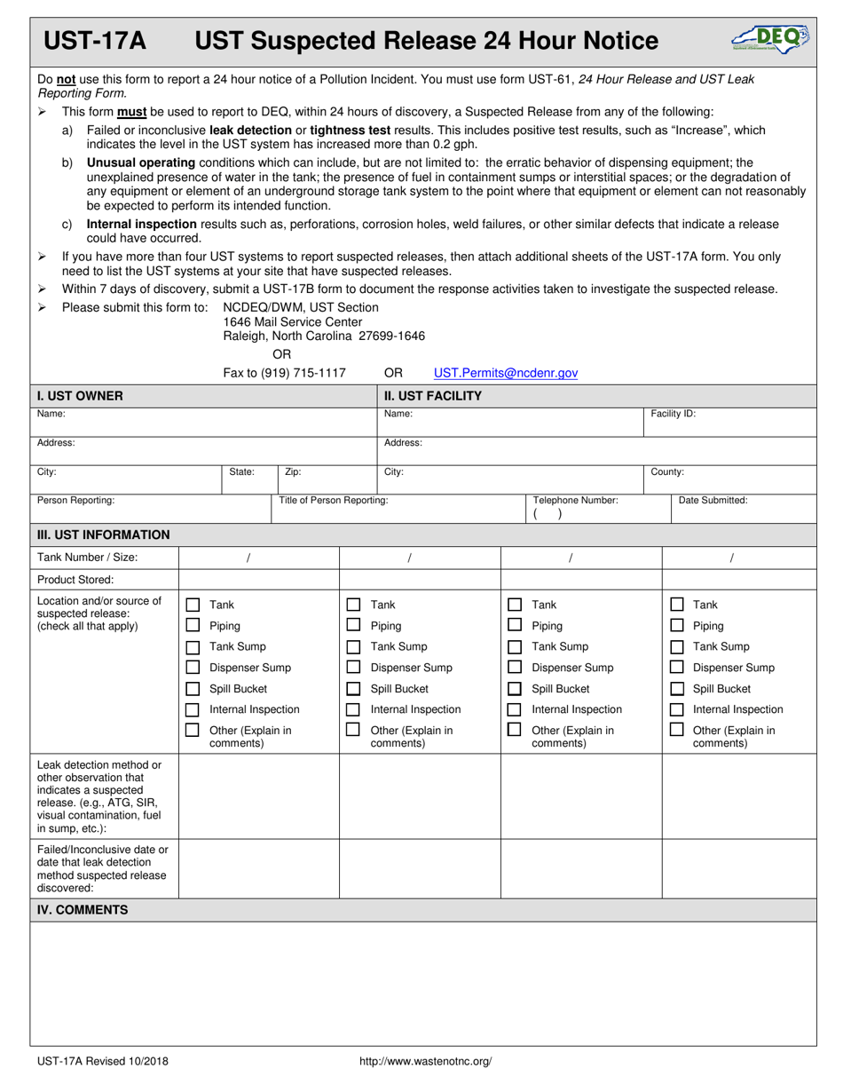 Form UST-17A Ust Suspected Release 24 Hour Notice - North Carolina, Page 1