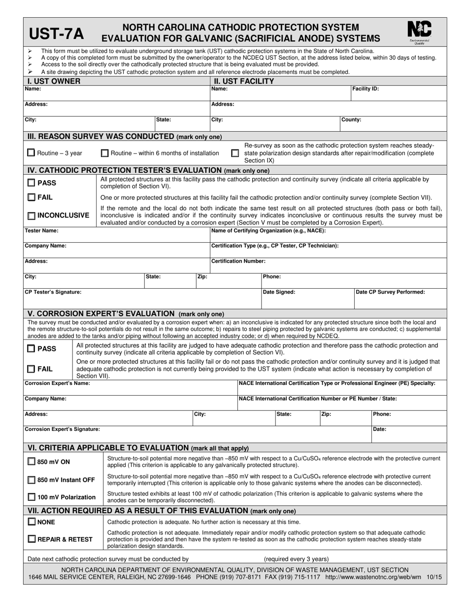 Form UST-7A Evaluation for Galvanic (Sacrificial Anode) Systems - North Carolina, Page 1