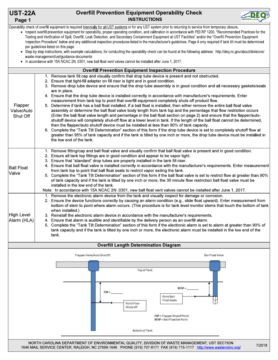 Form UST-22A Overfill Prevention Equipment Operability Check - North Carolina, Page 1