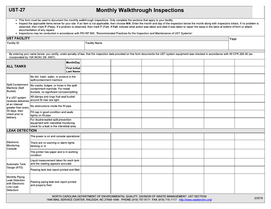 Form UST-27 Monthly Walkthrough Inspections - North Carolina, Page 1