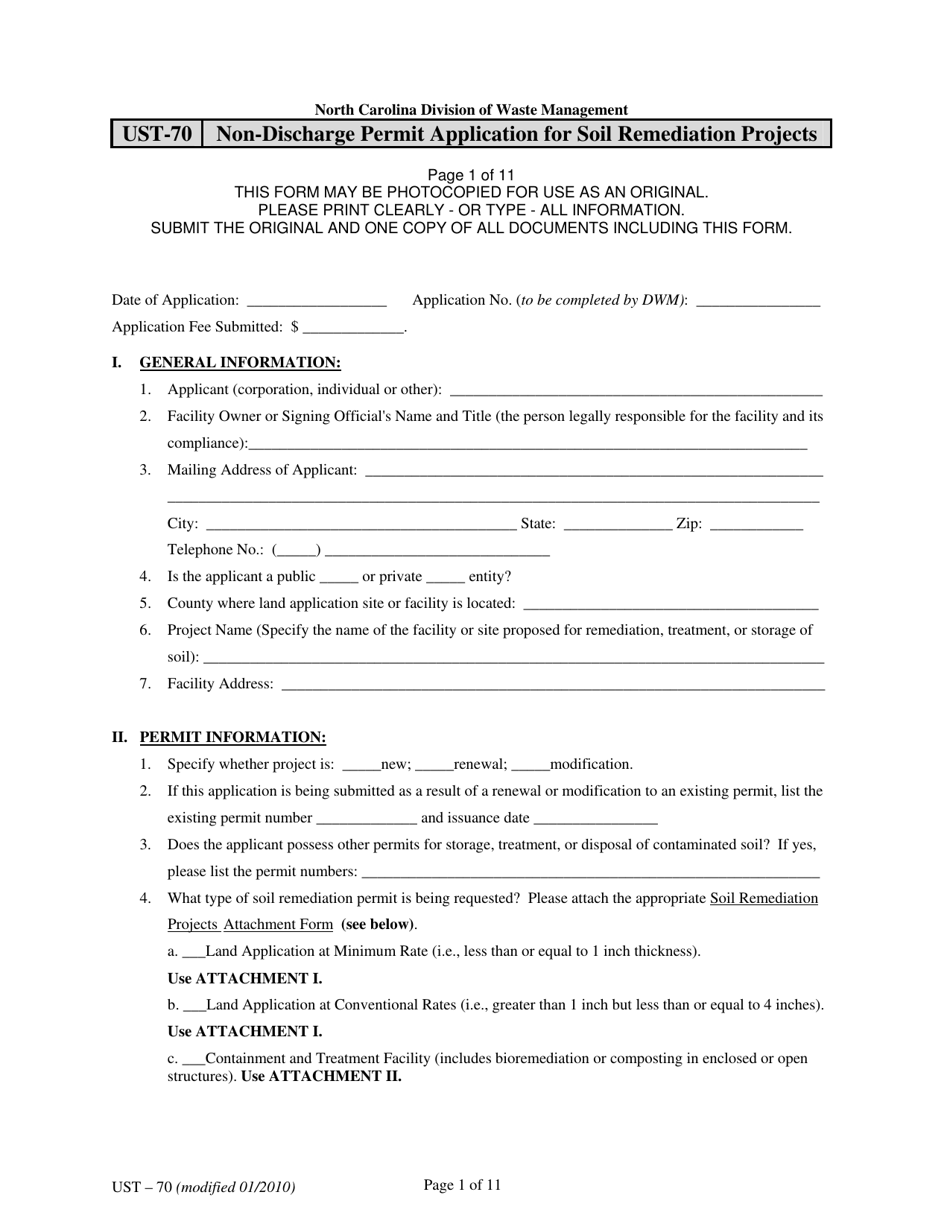 Form UST-70 Non-discharge Permit Application for Soil Remediation Projects - North Carolina, Page 1