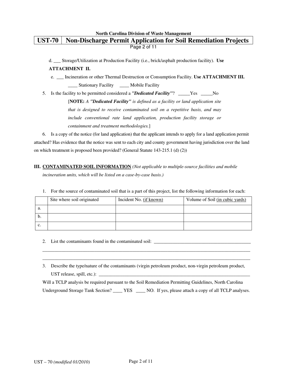 Form UST-70 Non-discharge Permit Application for Soil Remediation Projects - North Carolina, Page 2