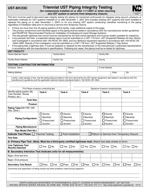 Form UST-6H/23C Triennial Ust Piping Integrity Testing - North Carolina