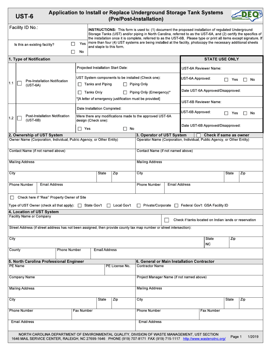 Form UST-6 Application to Install or Replace Underground Storage Tank Systems (Pre / Post-installation) - North Carolina, Page 1