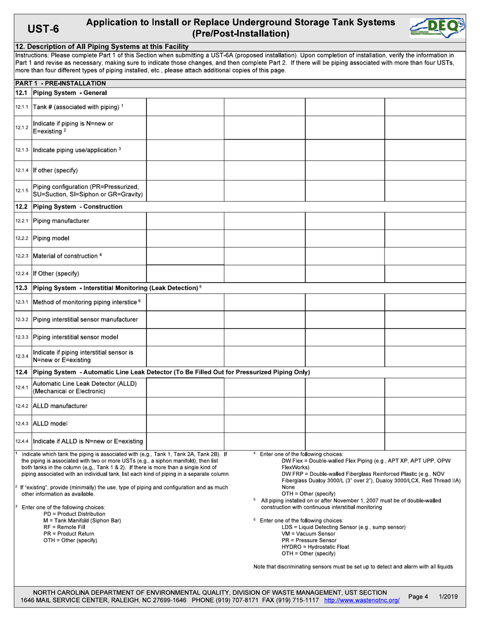 Form UST-6 Application to Install or Replace Underground Storage Tank Systems (Pre / Post-installation) - North Carolina, Page 4
