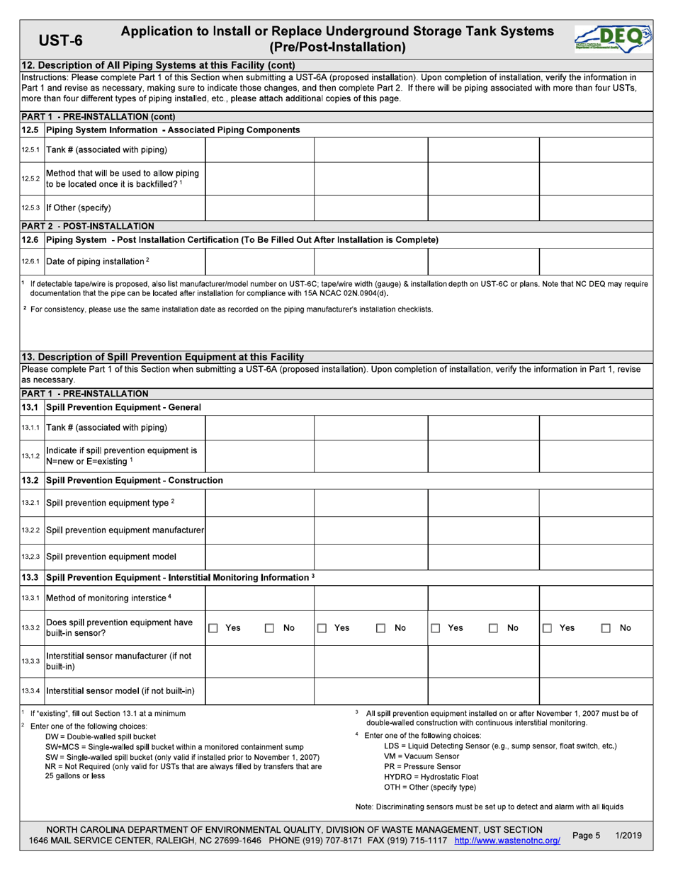 Form UST-6 Application to Install or Replace Underground Storage Tank Systems (Pre / Post-installation) - North Carolina, Page 5