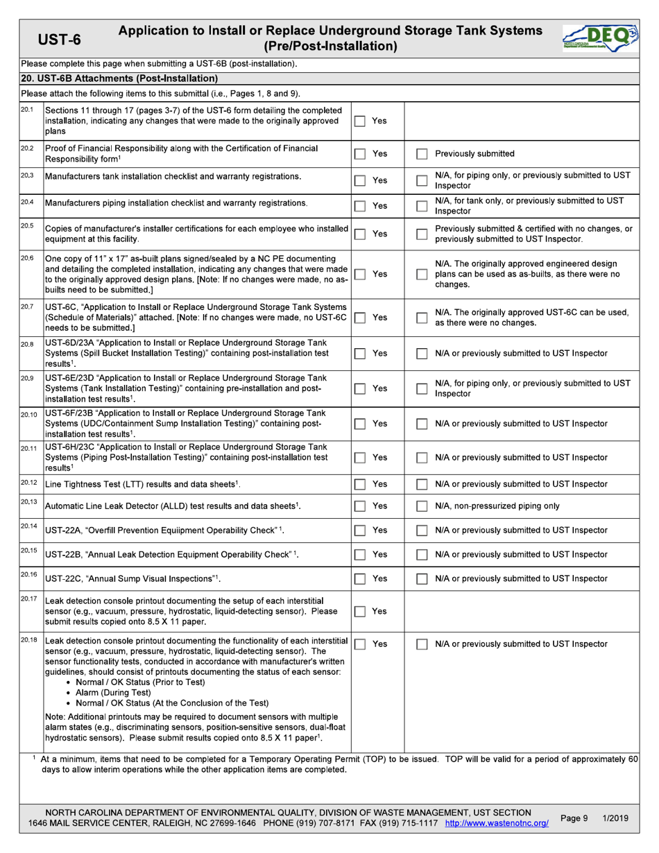 Form UST-6 Application to Install or Replace Underground Storage Tank Systems (Pre / Post-installation) - North Carolina, Page 9