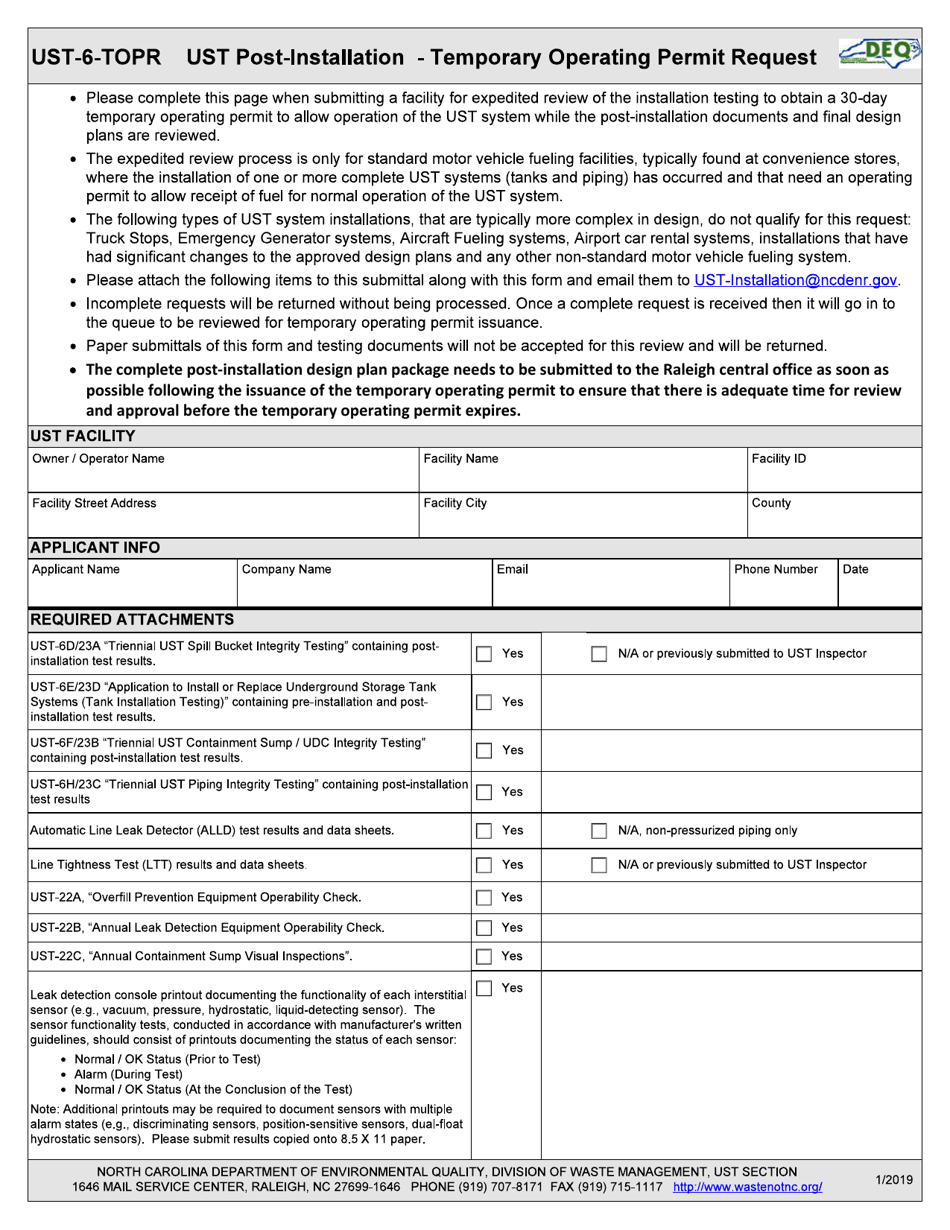 Form UST-6-TOPR Ust Post-installation - Temporary Operating Permit Request - North Carolina, Page 1