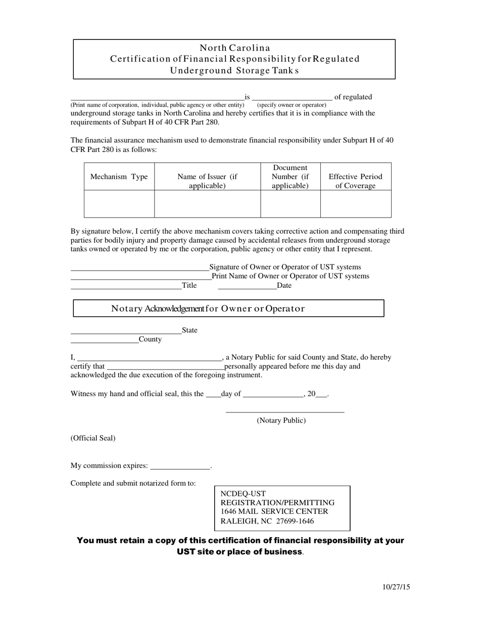 Certification of Financial Responsibility for Regulated Underground Storage Tanks - North Carolina, Page 1