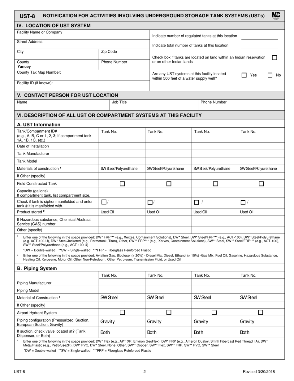 Form UST-8 Notification for Activities Involving Underground Storage Tank Systems (Usts) - North Carolina, Page 2
