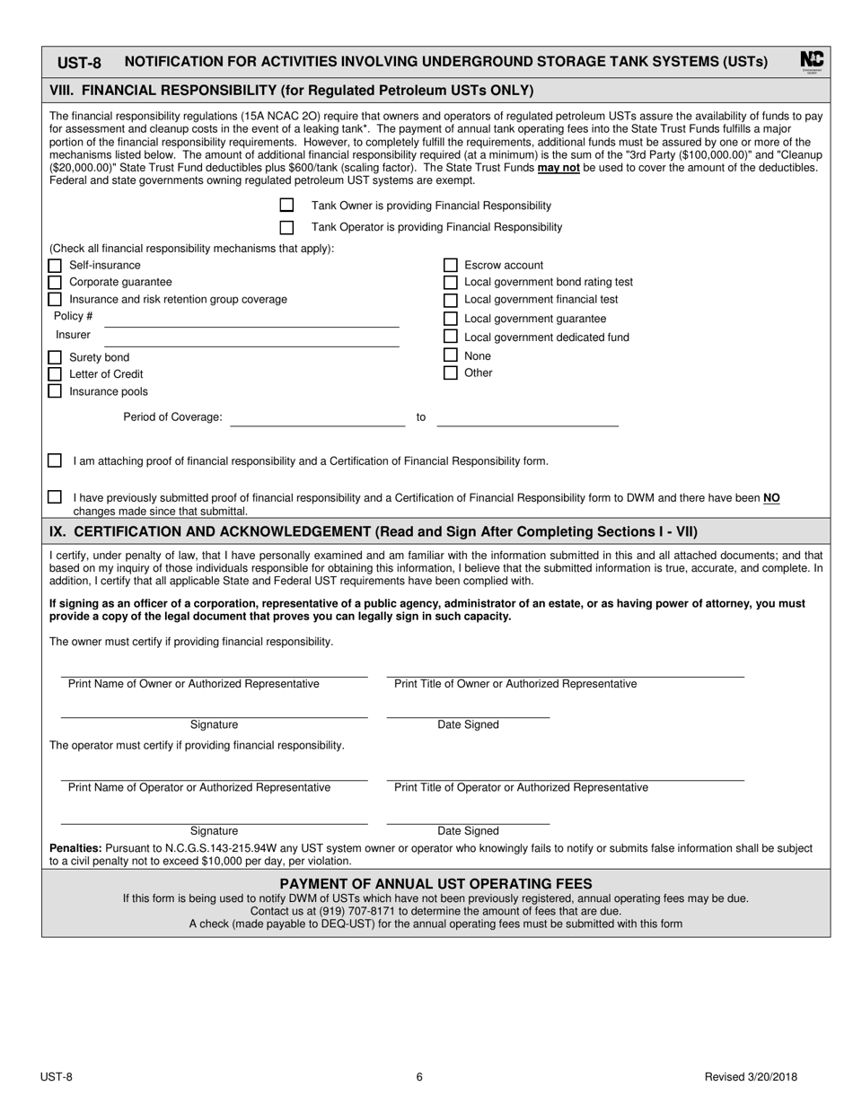 Form UST-8 Notification for Activities Involving Underground Storage Tank Systems (Usts) - North Carolina, Page 6