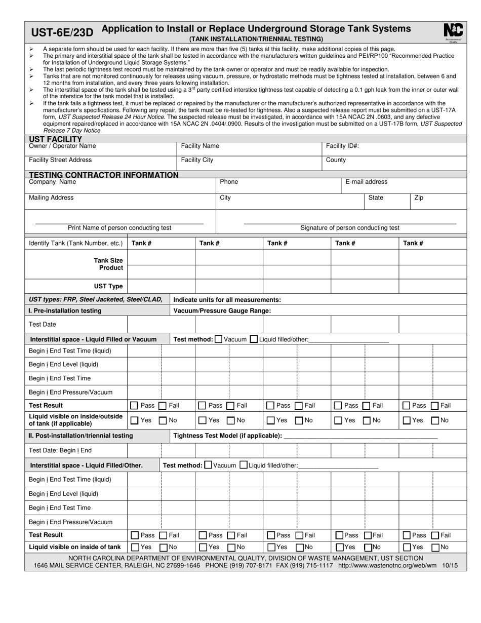 Form UST-6E / 23D Application to Install or Replace Underground Storage Tank Systems (Tank Installation / Triennial Testing) - North Carolina, Page 1