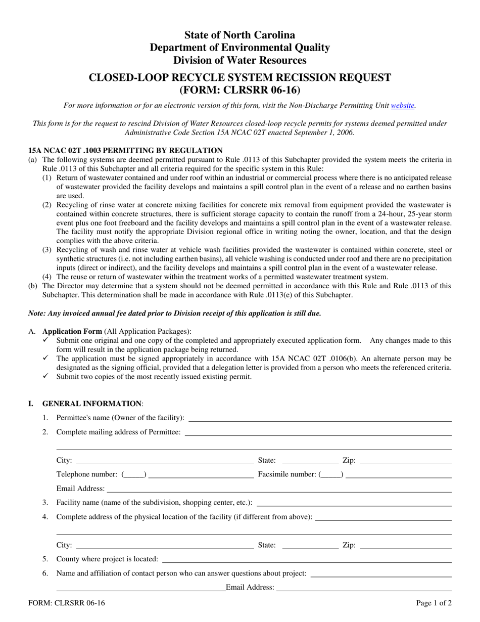 Form CLRSRR Closed-Loop Recycle System Rescission Request - North Carolina, Page 1