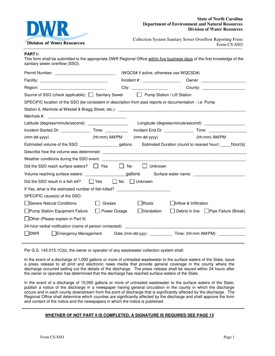 Form CS-SSO Collection System Sanitary Sewer Overflow Reporting Form - North Carolina, Page 1