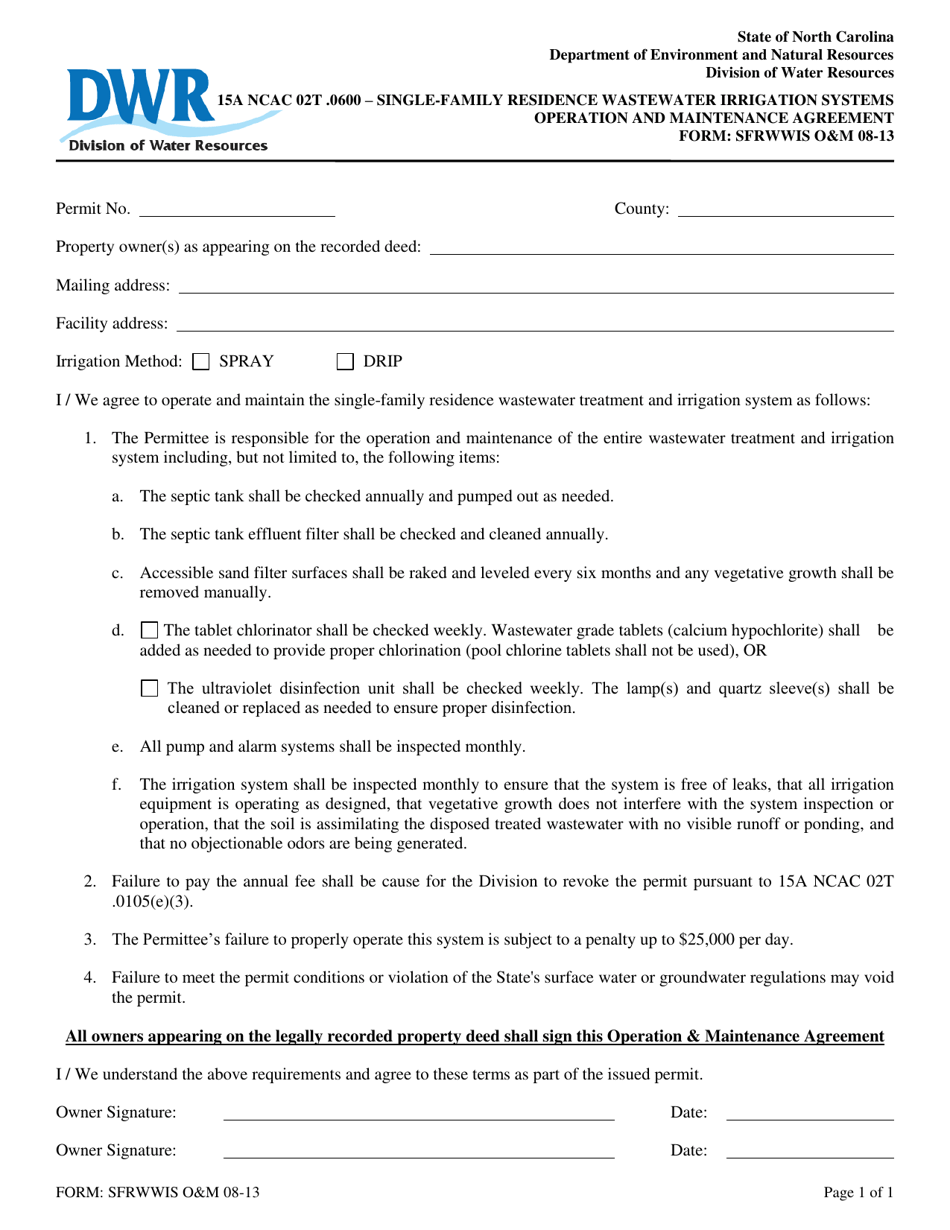 Form SFRWWIS OM Operation  Maintenance Agreement - Single-Family Residence Wastewater Irrigation Systems - North Carolina, Page 1