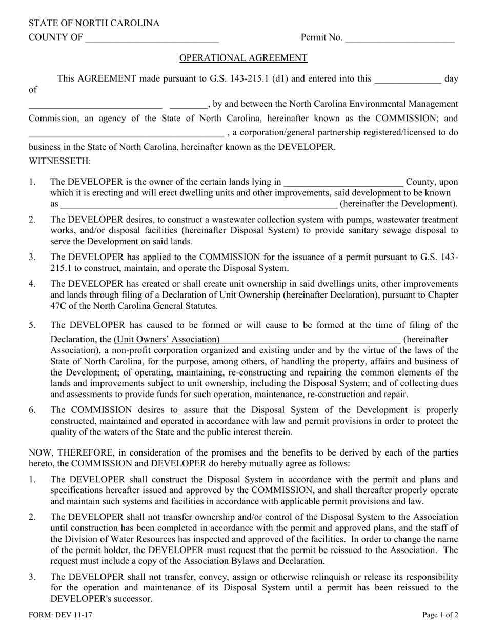 Form DEV Operational Agreement - North Carolina, Page 1