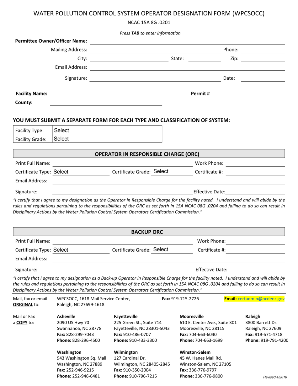Water Pollution Control System Operator Designation Form (Wpcsocc) - North Carolina, Page 1