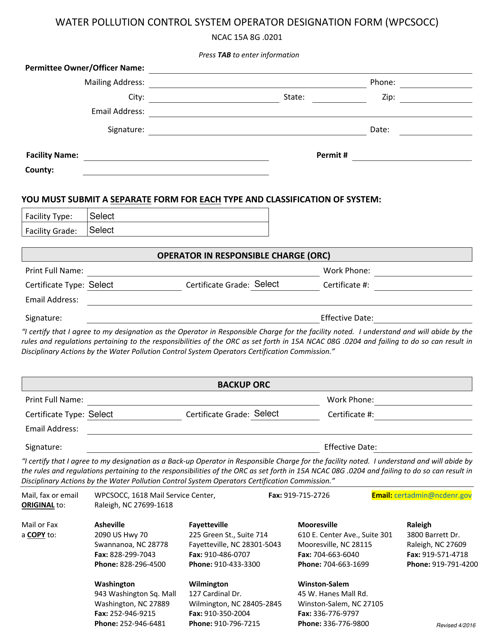 Water Pollution Control System Operator Designation Form (Wpcsocc) - North Carolina Download Pdf