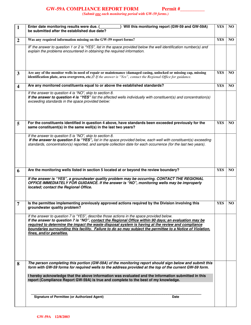 Form GW-59A Compliance Report Form - North Carolina, Page 1
