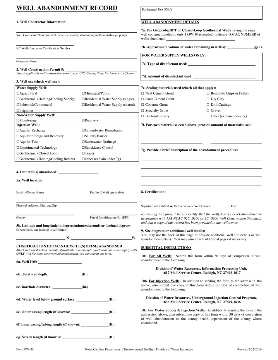 Form GW-30 Well Abandonment Record - North Carolina, Page 1