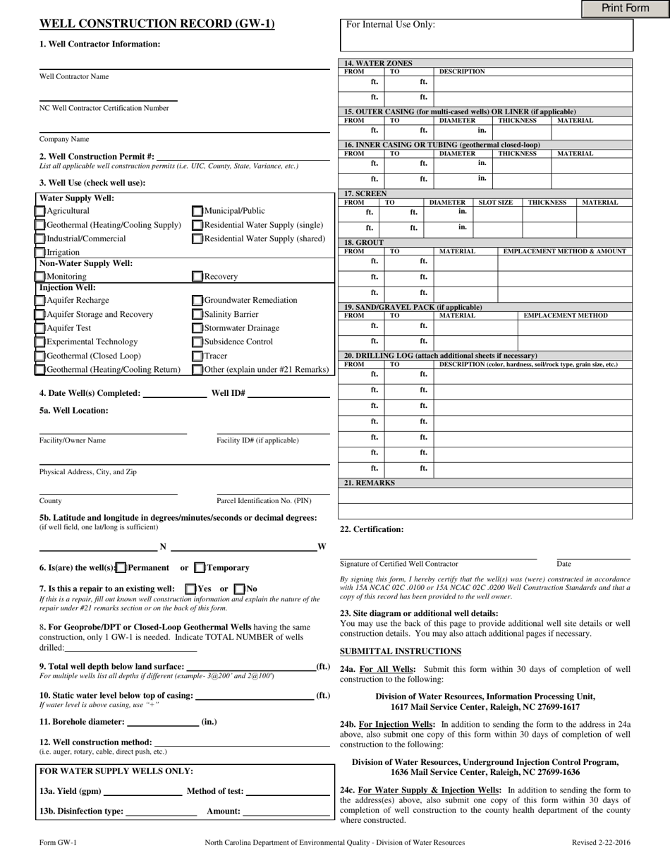 Form GW-1 Well Construction Record - North Carolina, Page 1